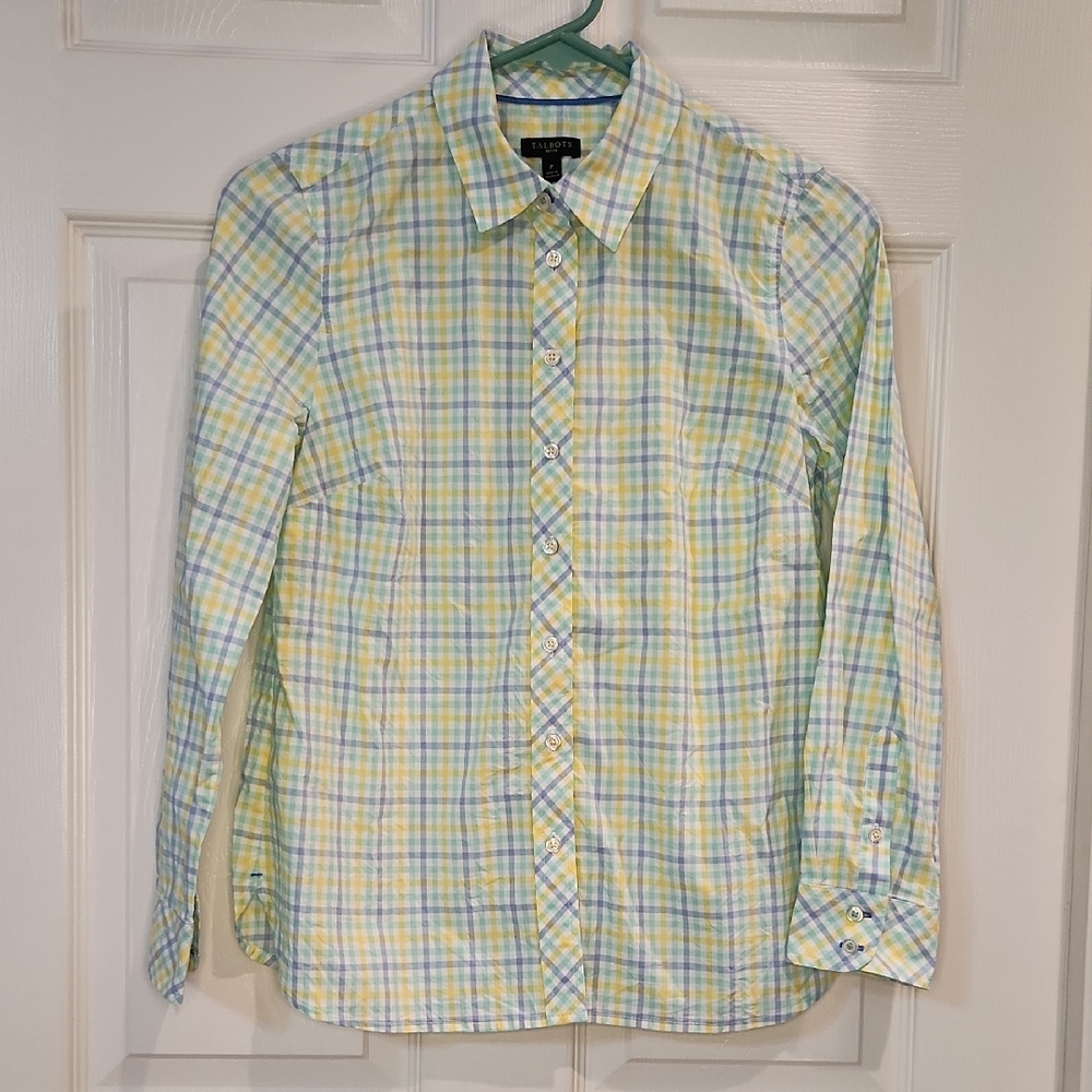 TALBOTS PETITE P Womens Multicolor Pastel Plaid Shirt